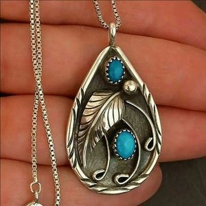 Tibetan Silver Turquoise Gemstone Pendant Chain Necklace